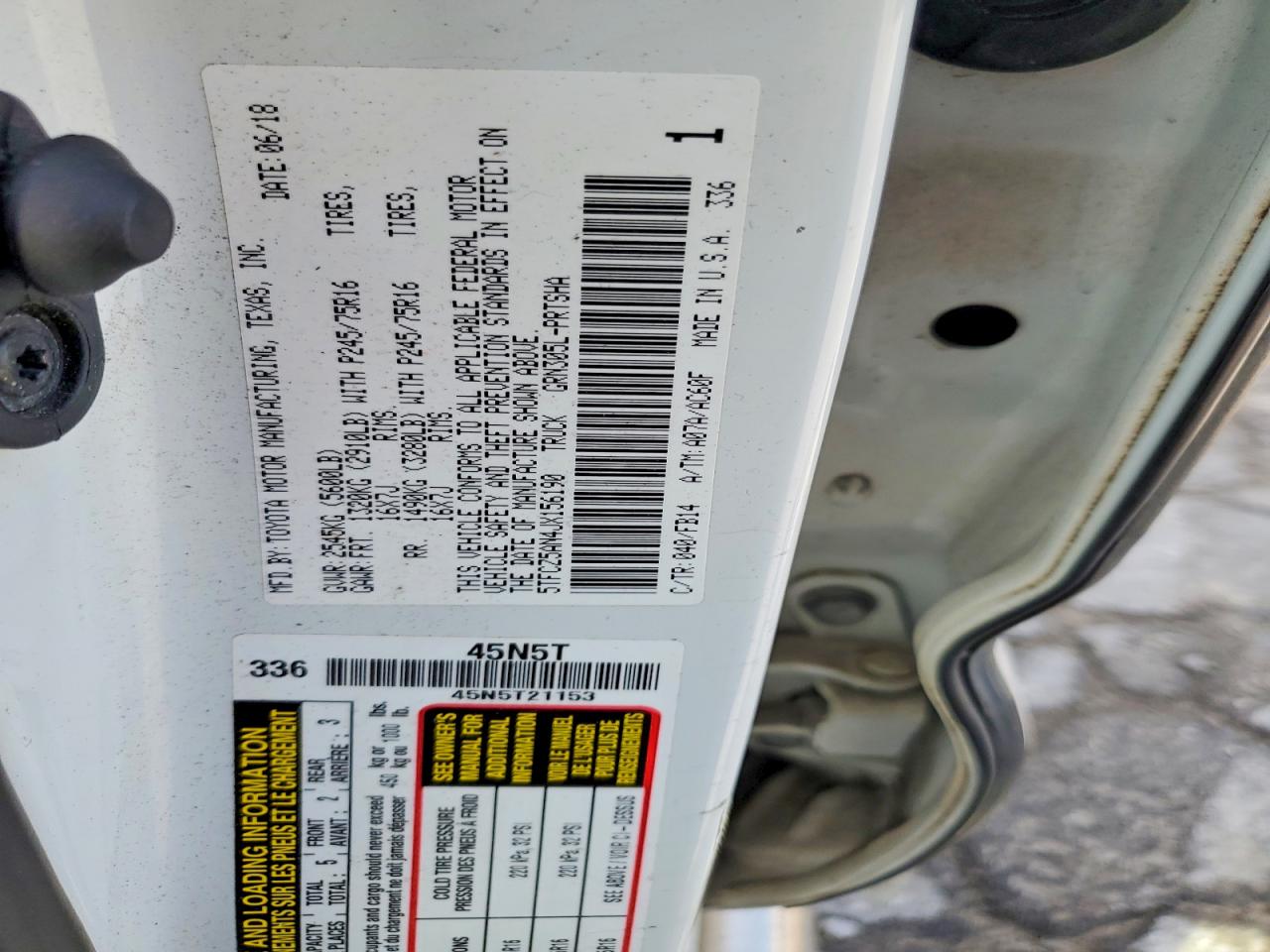 5TFCZ5AN4JX156190 · 2018 TOYOTA TACOMA · 12/12