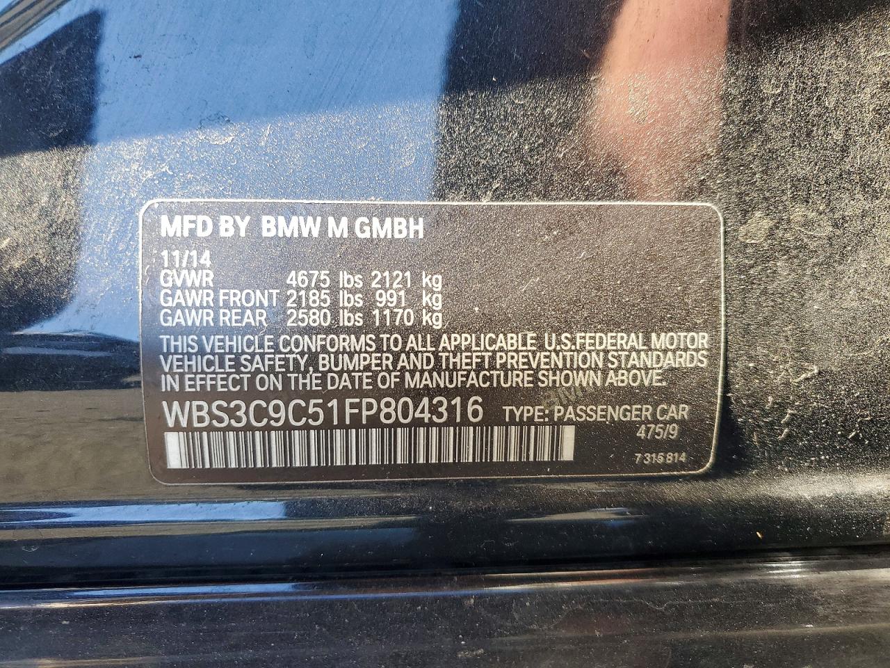 WBS3C9C51FP804316 · 2015 BMW M3 · 12/12
