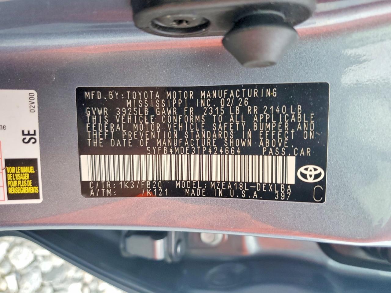 5YFB4MDE3TP424664 · 2026 TOYOTA COROLLA · 12/12