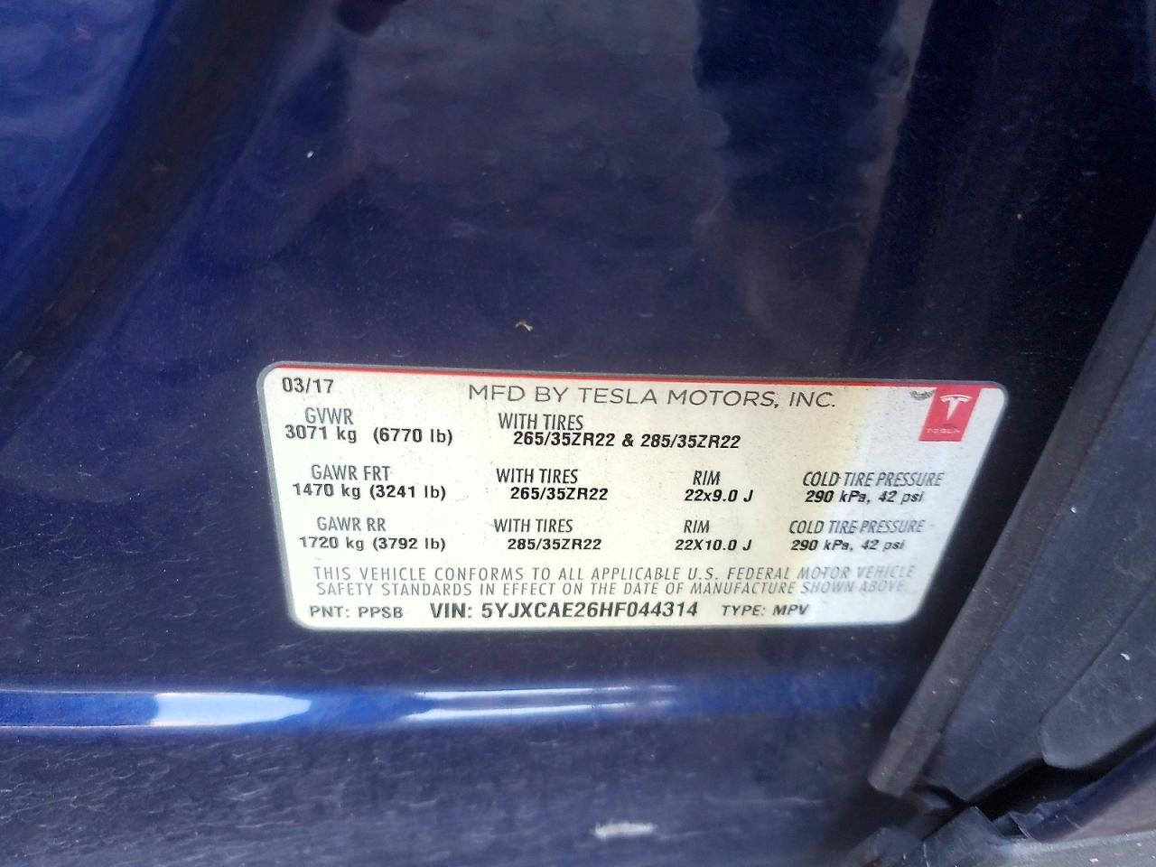 5YJXCAE26HF044314 · 2017 TESLA MODEL X · 12/12