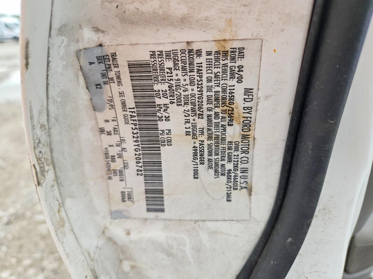 1FAFP5329YG206782 · 2000 FORD TAURUS · 12/12