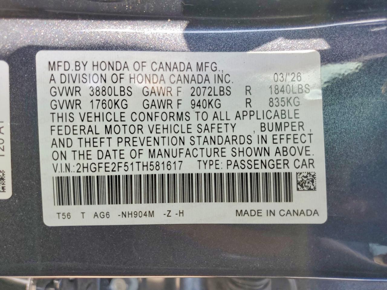 2HGFE2F51TH581617 · 2026 HONDA CIVIC · 12/12
