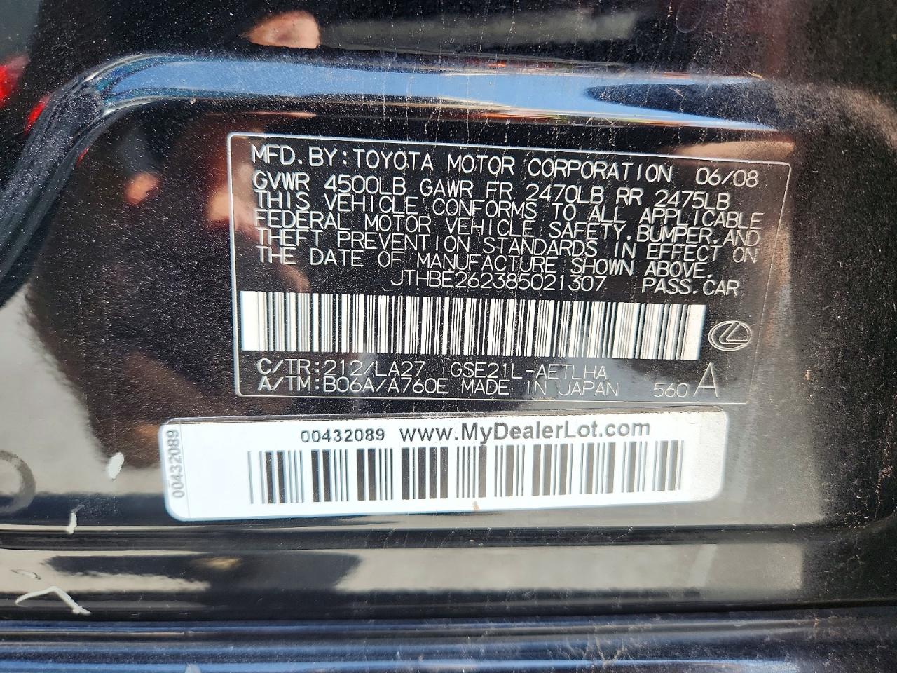JTHBE262385021307 · 2008 LEXUS IS · 12/12
