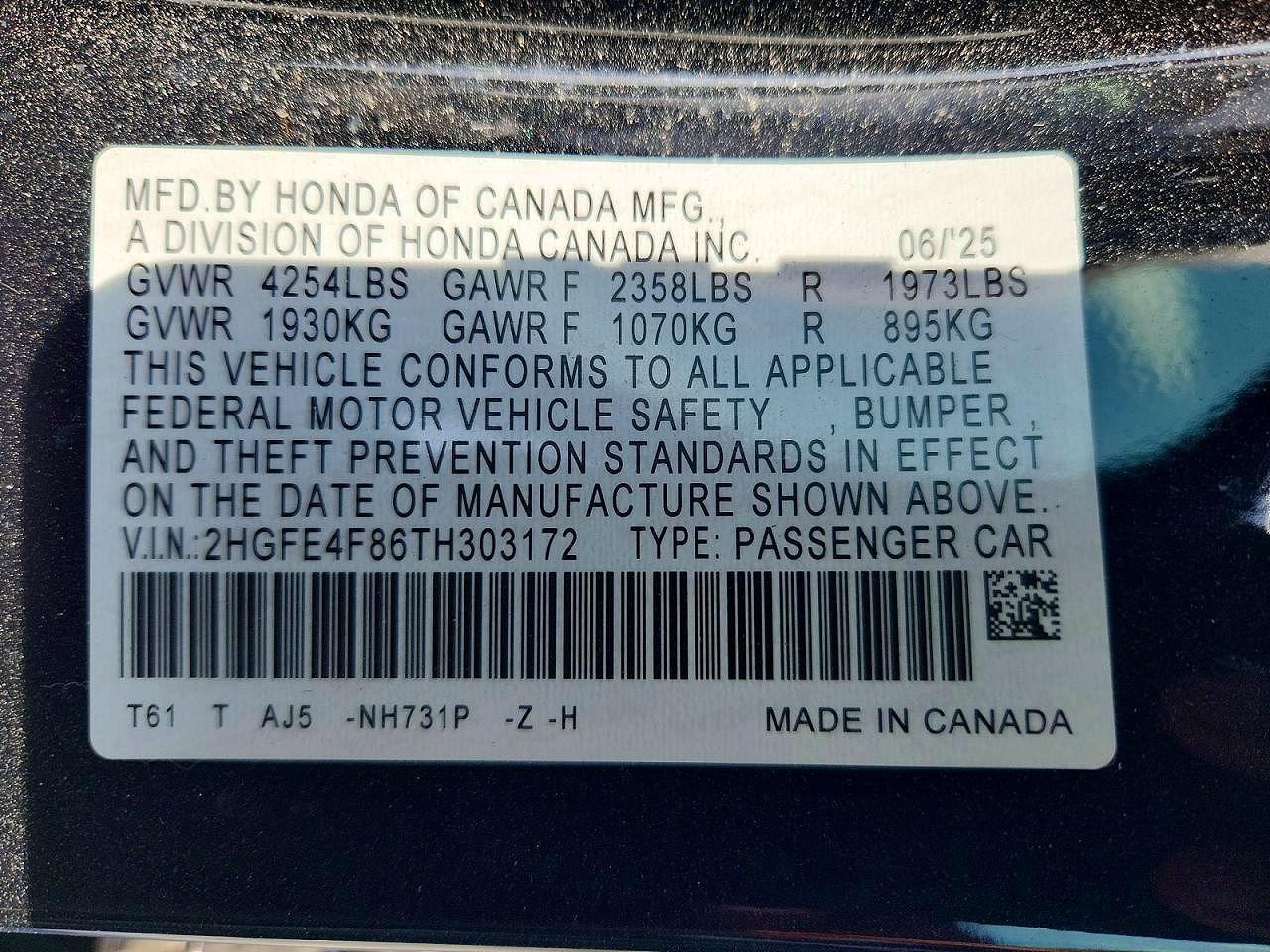 2HGFE4F86TH303172 · 2026 HONDA CIVIC · 11/11
