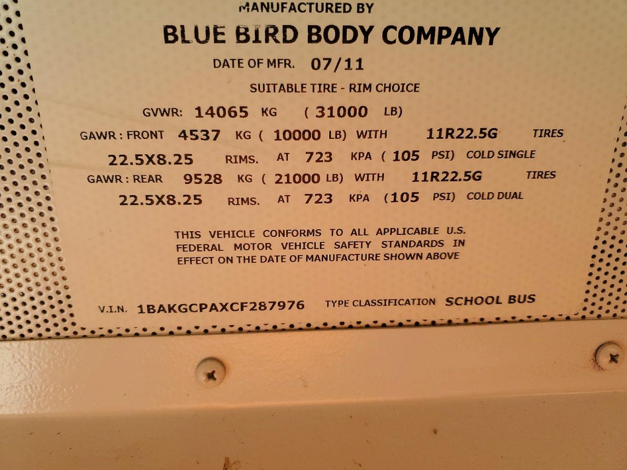 1BAKGCPAXCF287976 · 2012 BLUEBIRD VISION · 10/10