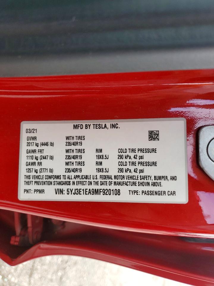 5YJ3E1EA9MF920108 · 2021 TESLA MODEL 3 · 12/12