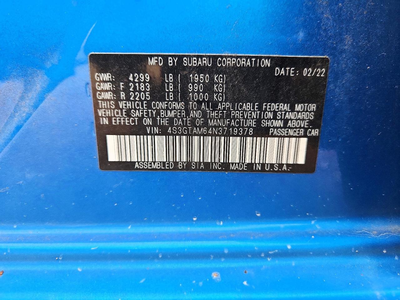 4S3GTAM64N3719378 · 2022 SUBARU IMPREZA · 12/12