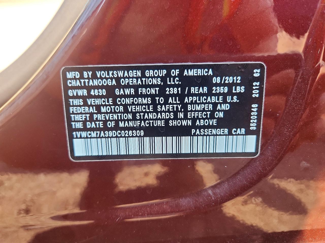 1VWCM7A39DC026309 · 2013 VOLKSWAGEN PASSAT · 12/12