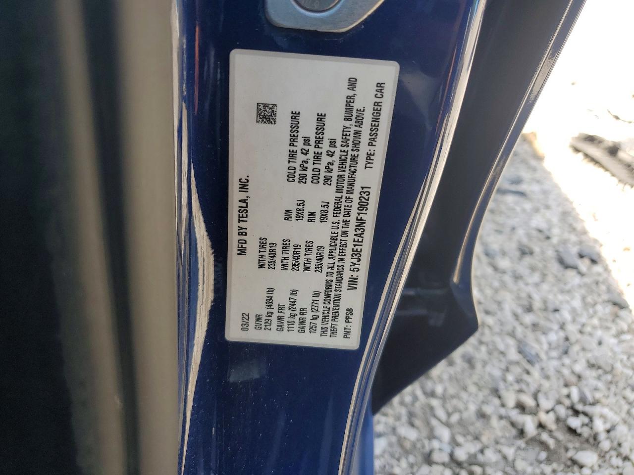 5YJ3E1EA3NF190231 · 2022 TESLA MODEL 3 · 12/12