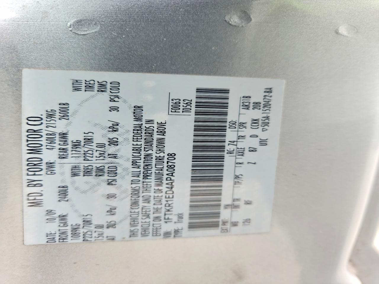 1FTKR1ED4APA08708 · 2010 FORD RANGER · 12/12