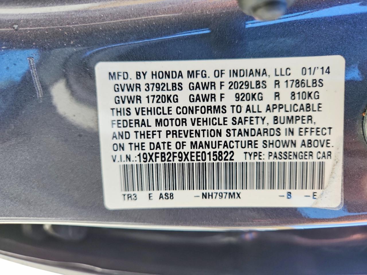 19XFB2F9XEE015822 · 2014 HONDA CIVIC · 12/12