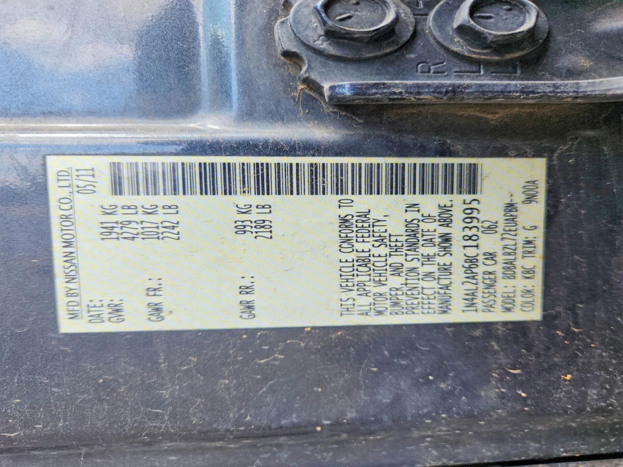 1N4AL2AP6BC183995 · 2011 NISSAN ALTIMA · 12/12