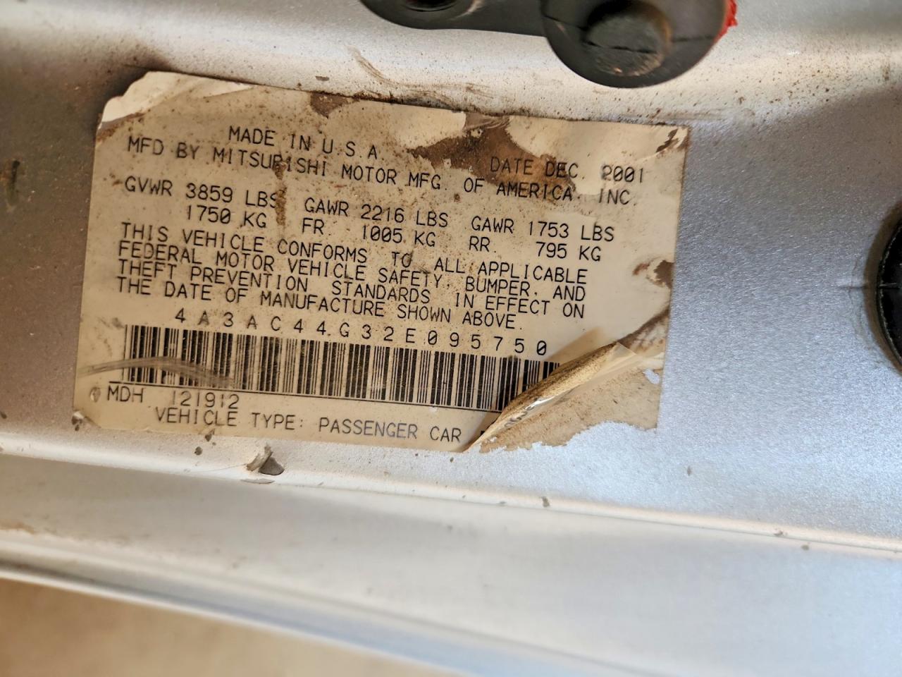 4A3AC44G32E095750 · 2002 MITSUBISHI ECLIPSE · 12/12