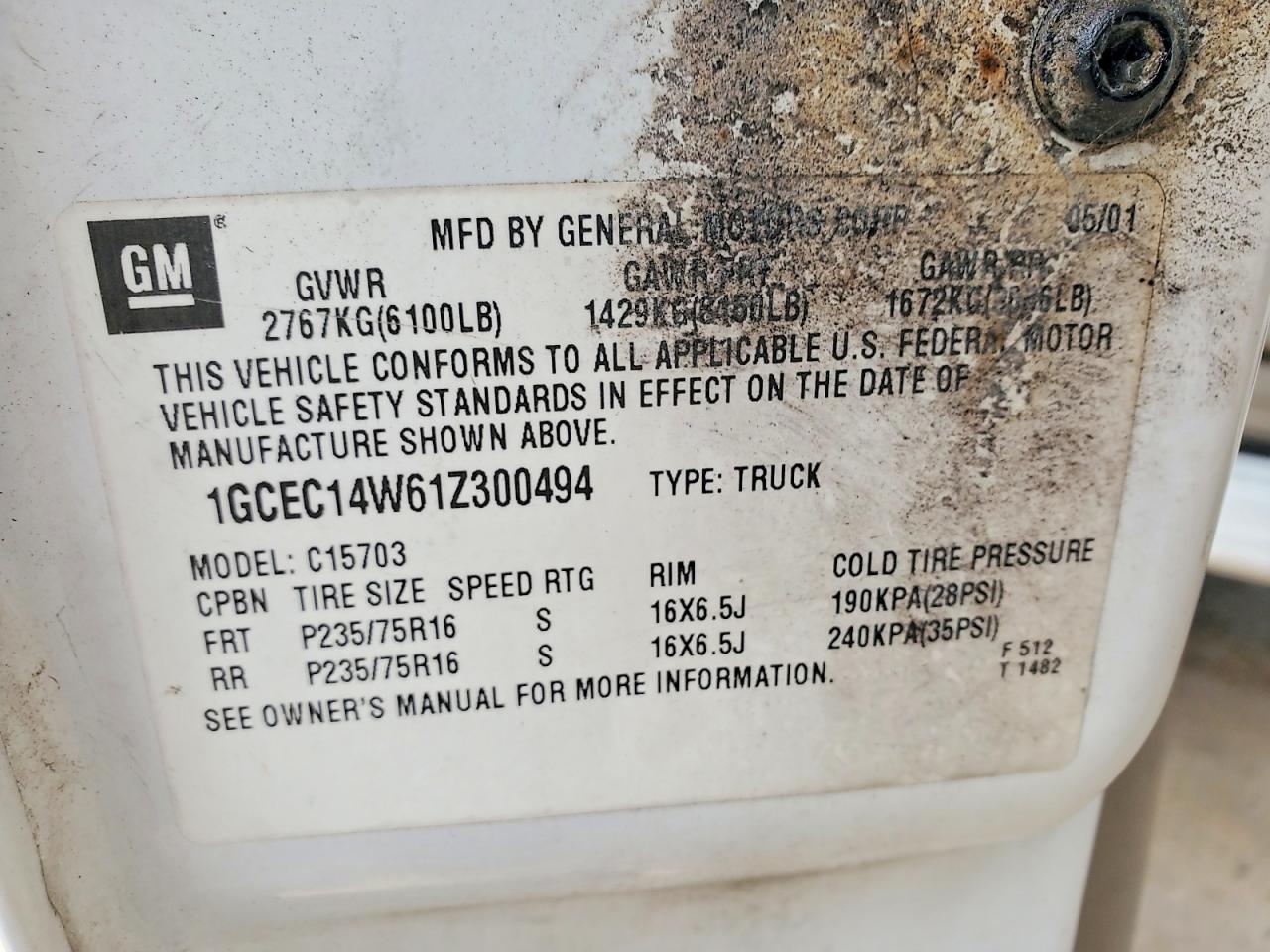 1GCEC14W61Z300494 · 2001 CHEVROLET SILVERADO · 12/12