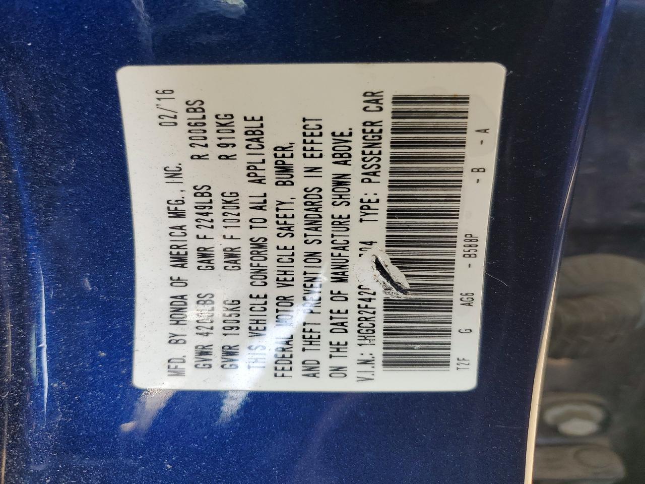 1HGCR2F42GA127704 · 2016 HONDA ACCORD · 12/12