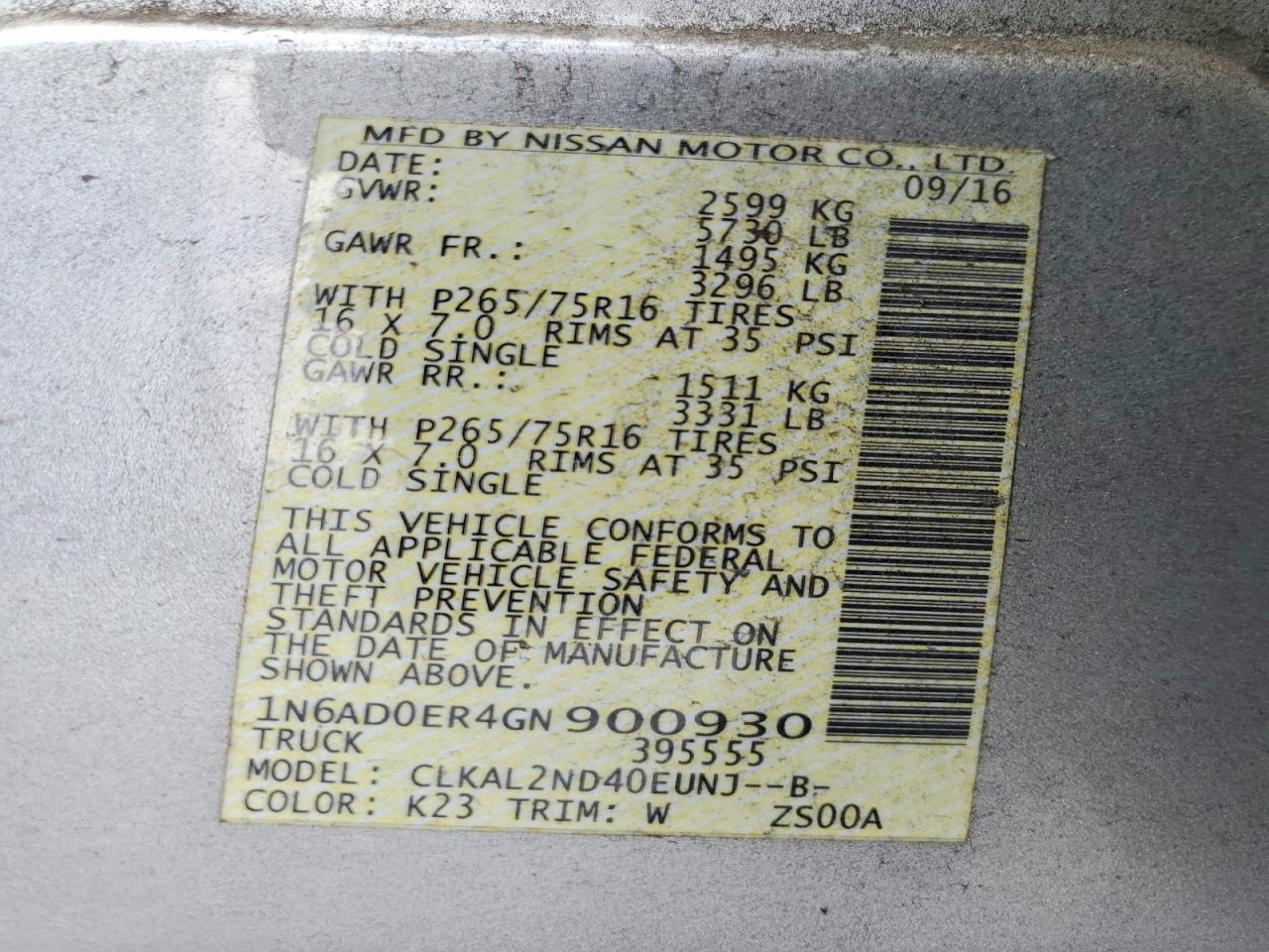 1N6AD0ER4GN900930 · 2016 NISSAN FRONTIER · 12/12