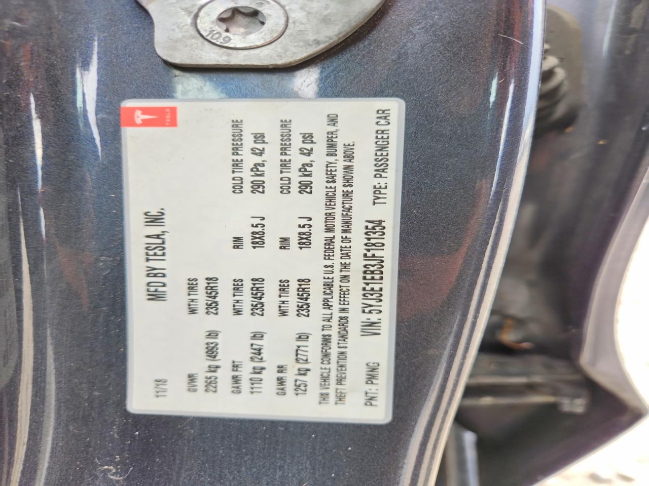 5YJ3E1EB3JF181354 · 2018 TESLA MODEL 3 · 12/12