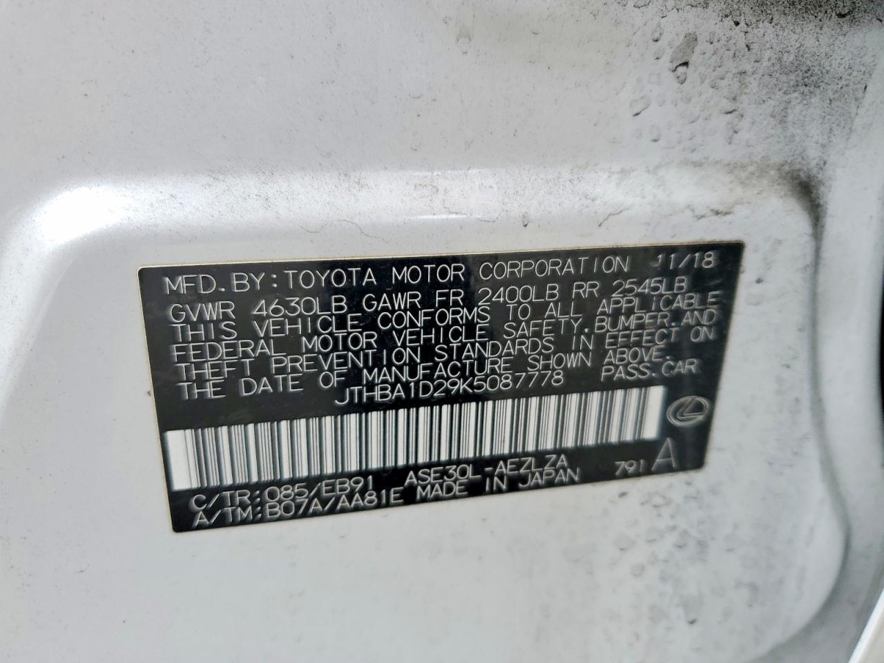 JTHBA1D29K5087778 · 2019 LEXUS IS · 12/12