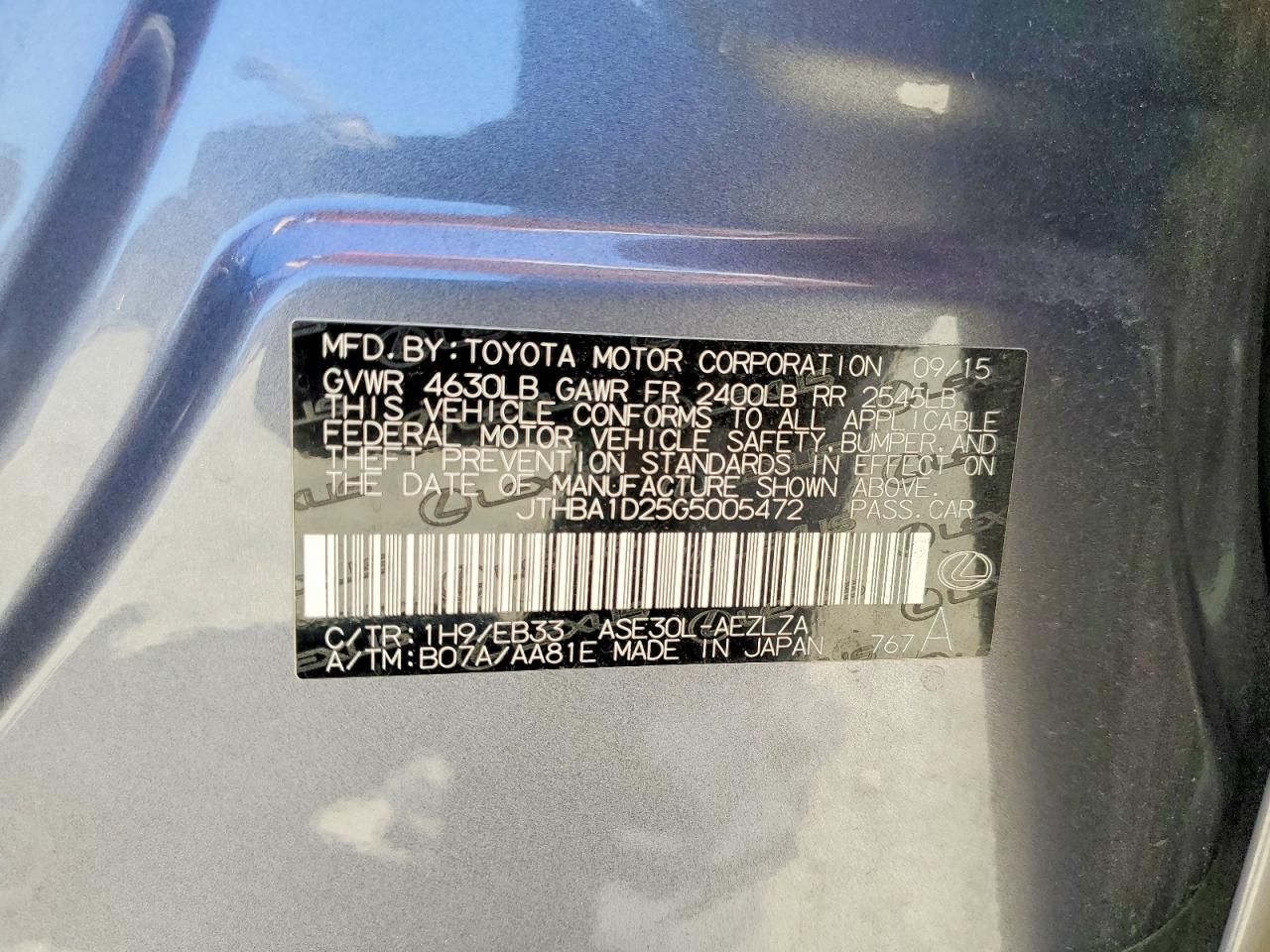 JTHBA1D25G5005472 · 2016 LEXUS IS · 12/12