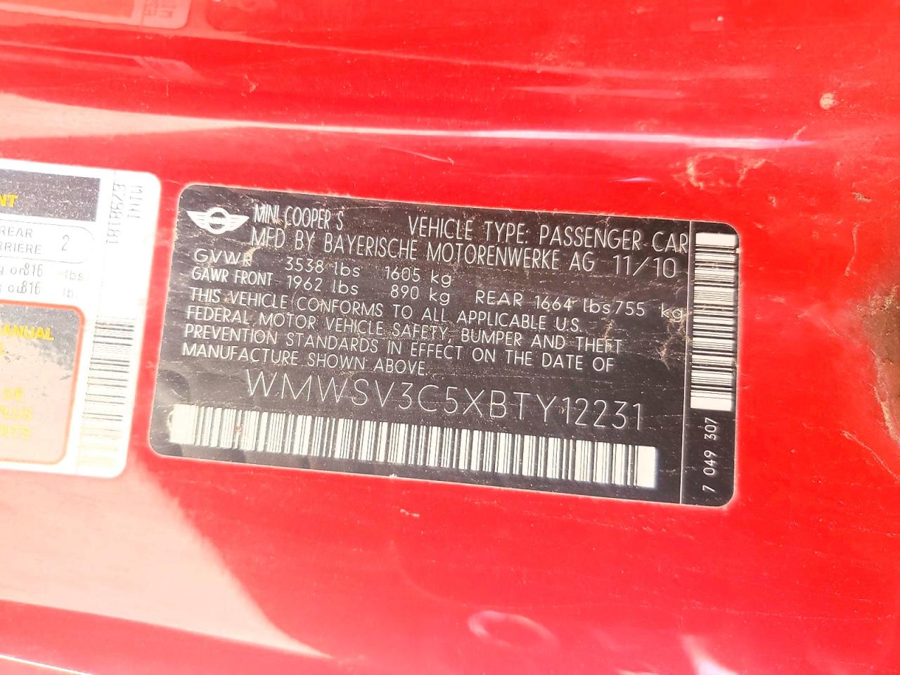 WMWSV3C5XBTY12231 · 2011 MINI COOPER · 12/12