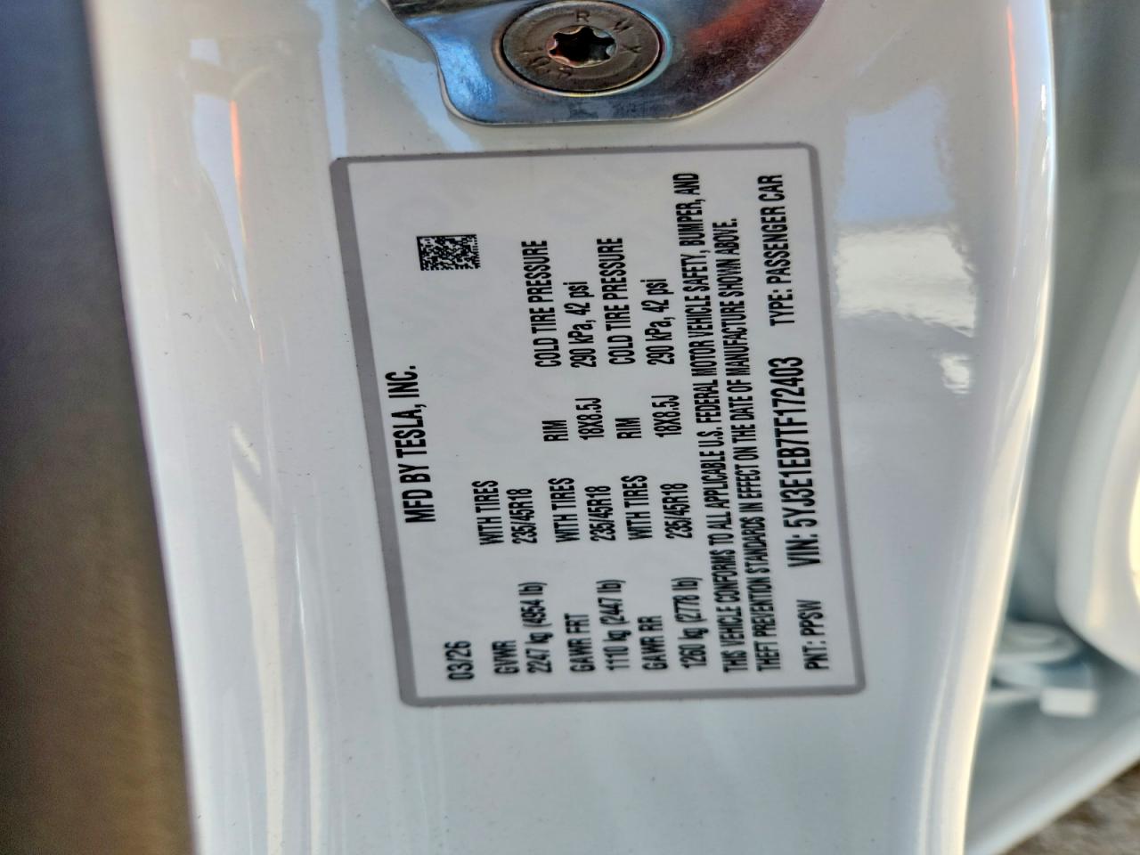 5YJ3E1EB7TF172403 · 2026 TESLA MODEL 3 · 12/12