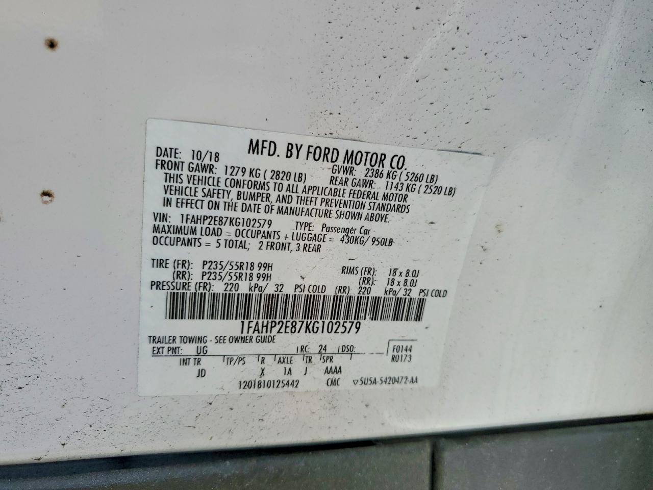 1FAHP2E87KG102579 · 2019 FORD TAURUS · 12/12