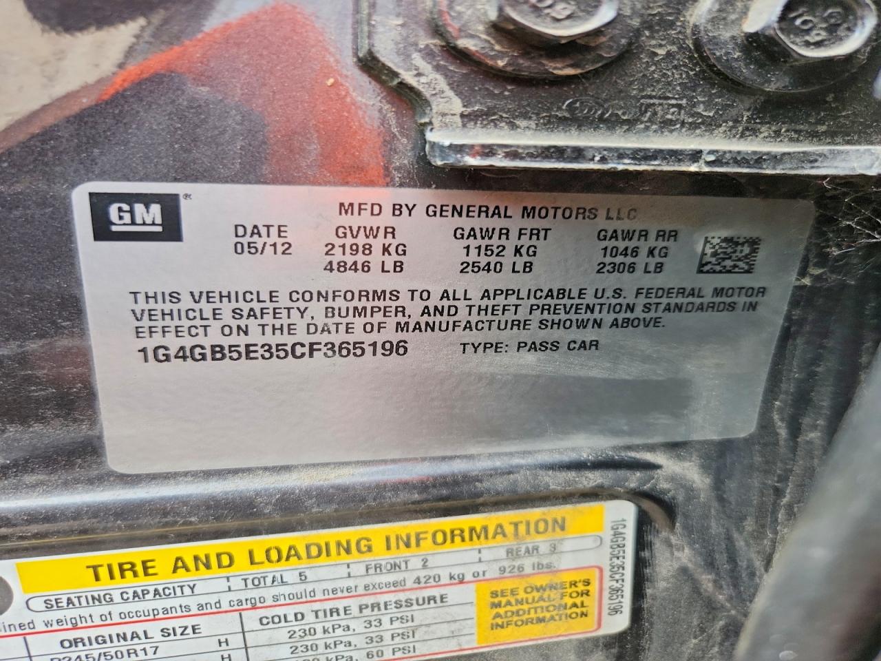 1G4GB5E35CF365196 · 2012 BUICK LACROSSE · 12/12