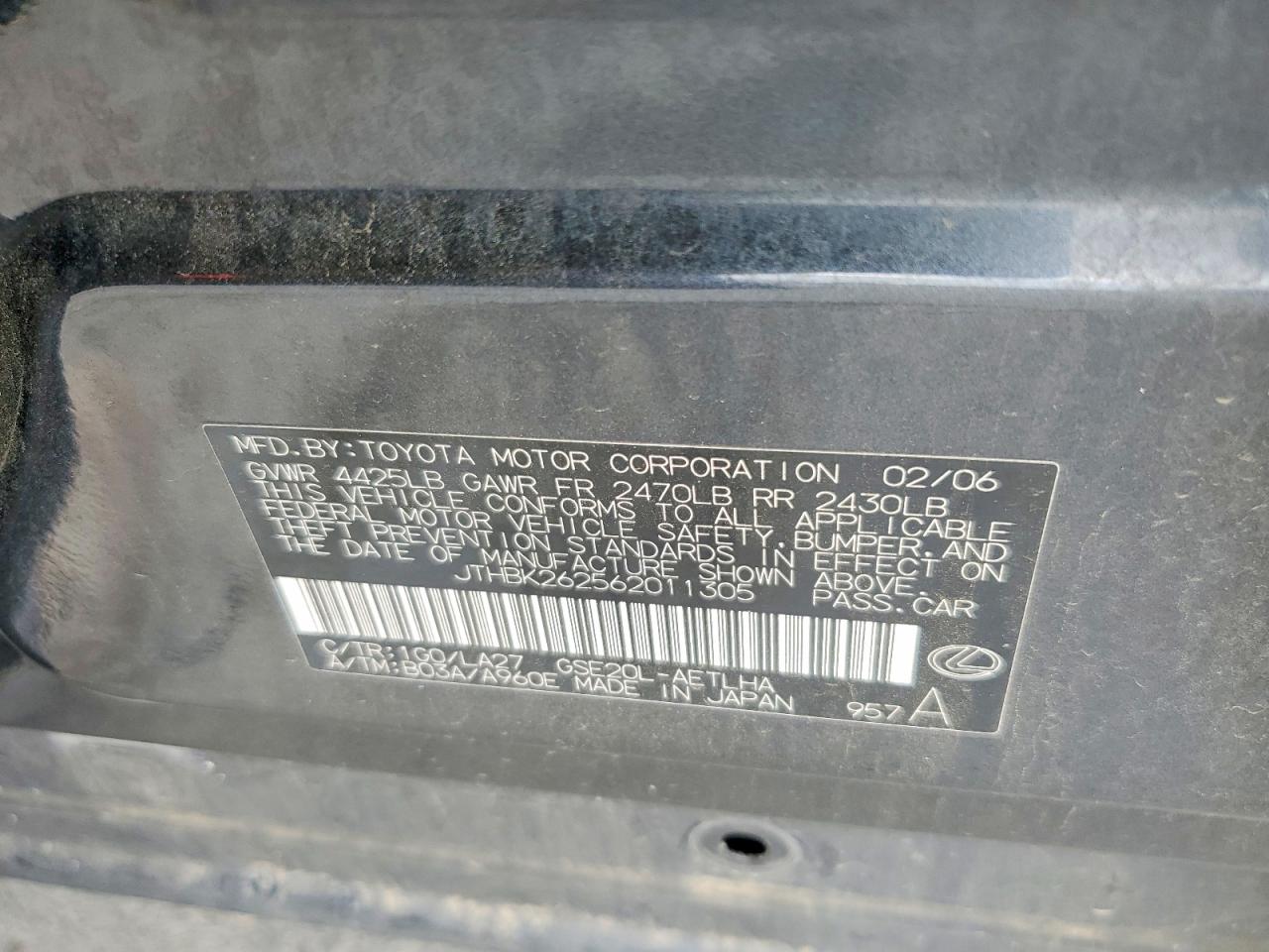 JTHBK262562011305 · 2006 LEXUS IS · 12/12
