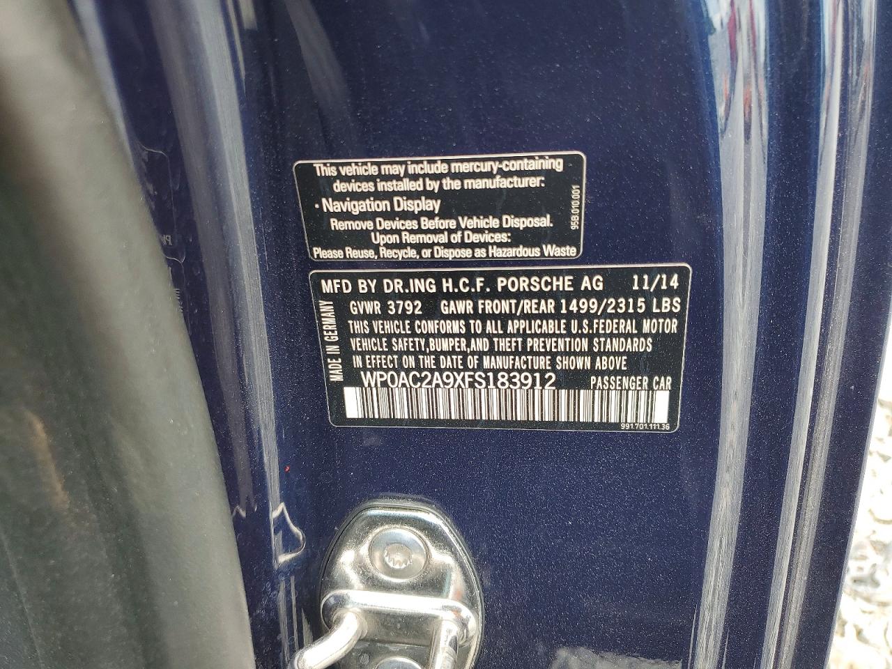 WP0AC2A9XFS183912 · 2015 PORSCHE 911 · 12/12