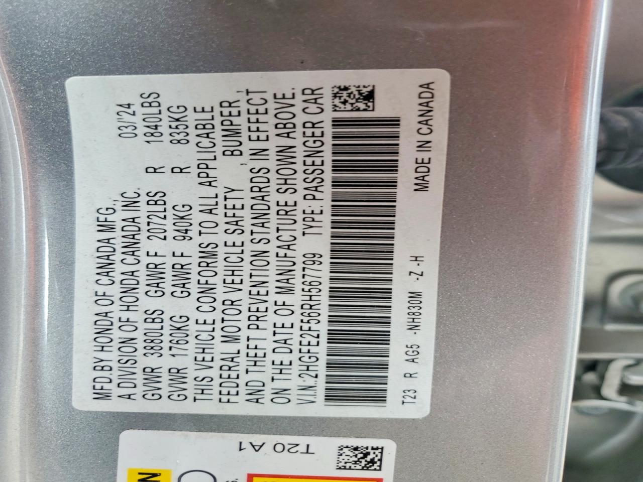 2HGFE2F56RH567799 · 2024 HONDA CIVIC · 12/12