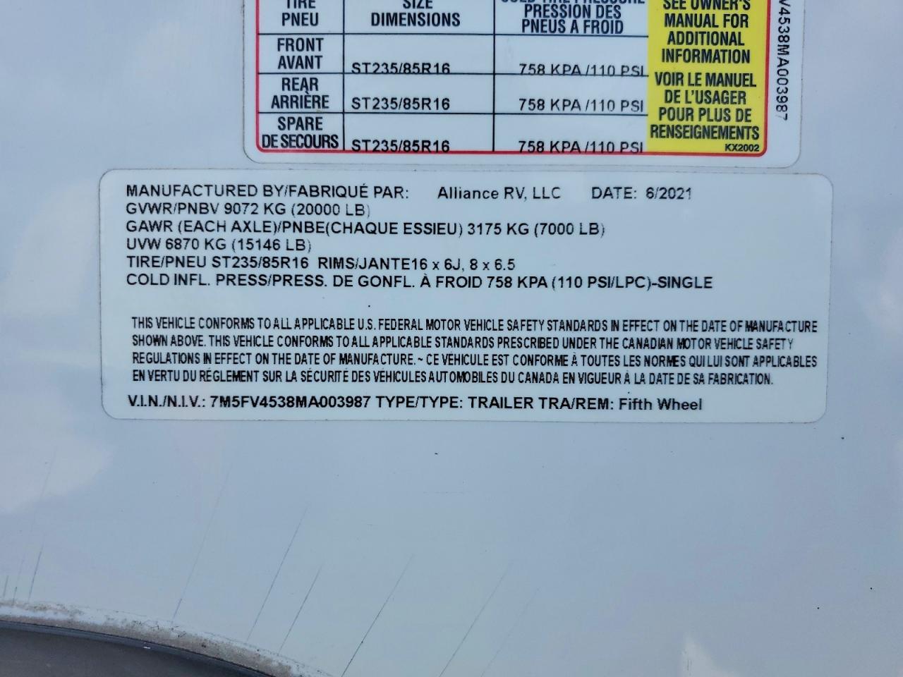 7M5FV4538MA003987 · 2021 ALLIANCE RECREATIONAL VEHICLE (RV) · 10/10