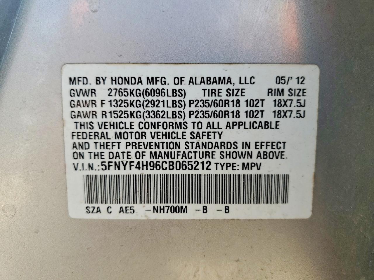 5FNYF4H96CB065212 · 2012 HONDA PILOT · 12/12