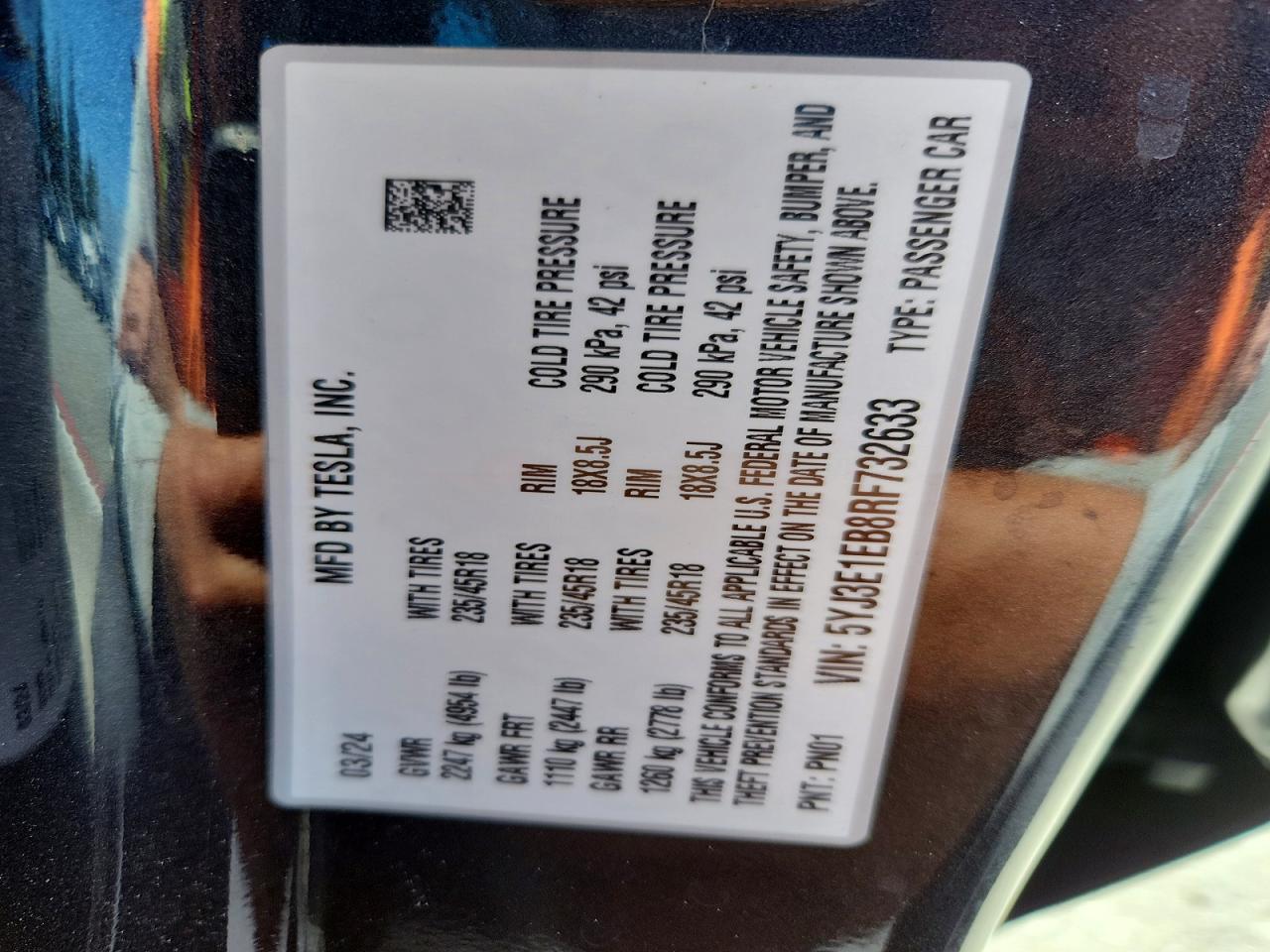 5YJ3E1EB8RF732633 · 2024 TESLA MODEL 3 · 12/12
