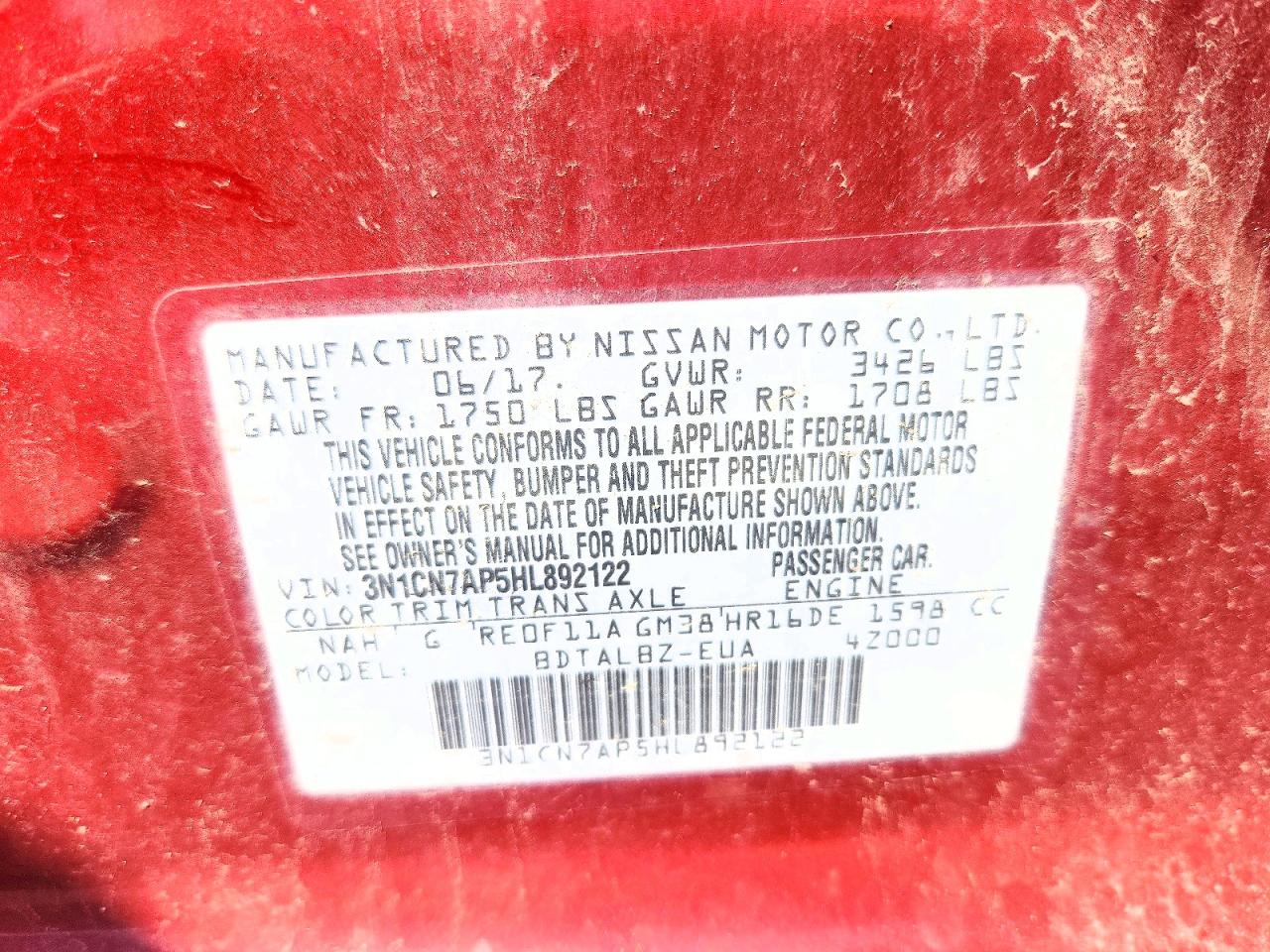 3N1CN7AP5HL892122 · 2017 NISSAN VERSA · 12/12