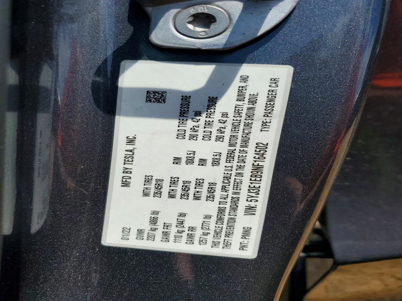 5YJ3E1EB9NF164502 · 2022 TESLA MODEL 3 · 12/12