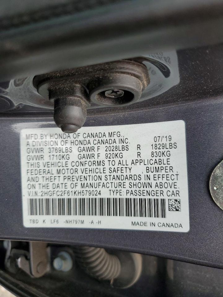 2HGFC2F61KH579024 · 2019 HONDA CIVIC · 12/12