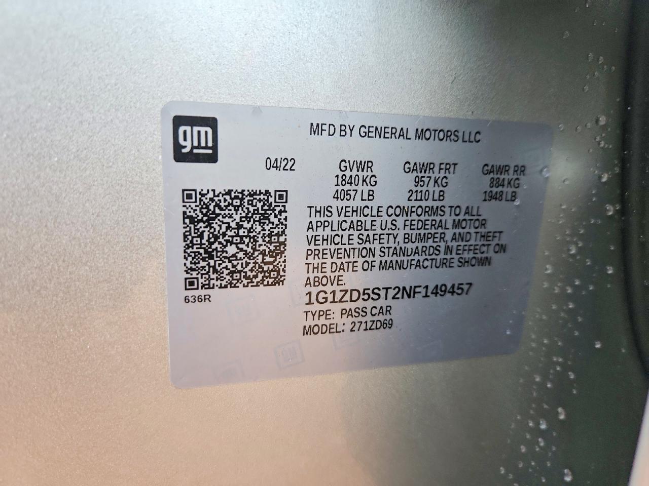 1G1ZD5ST2NF149457 · 2022 CHEVROLET MALIBU · 12/12