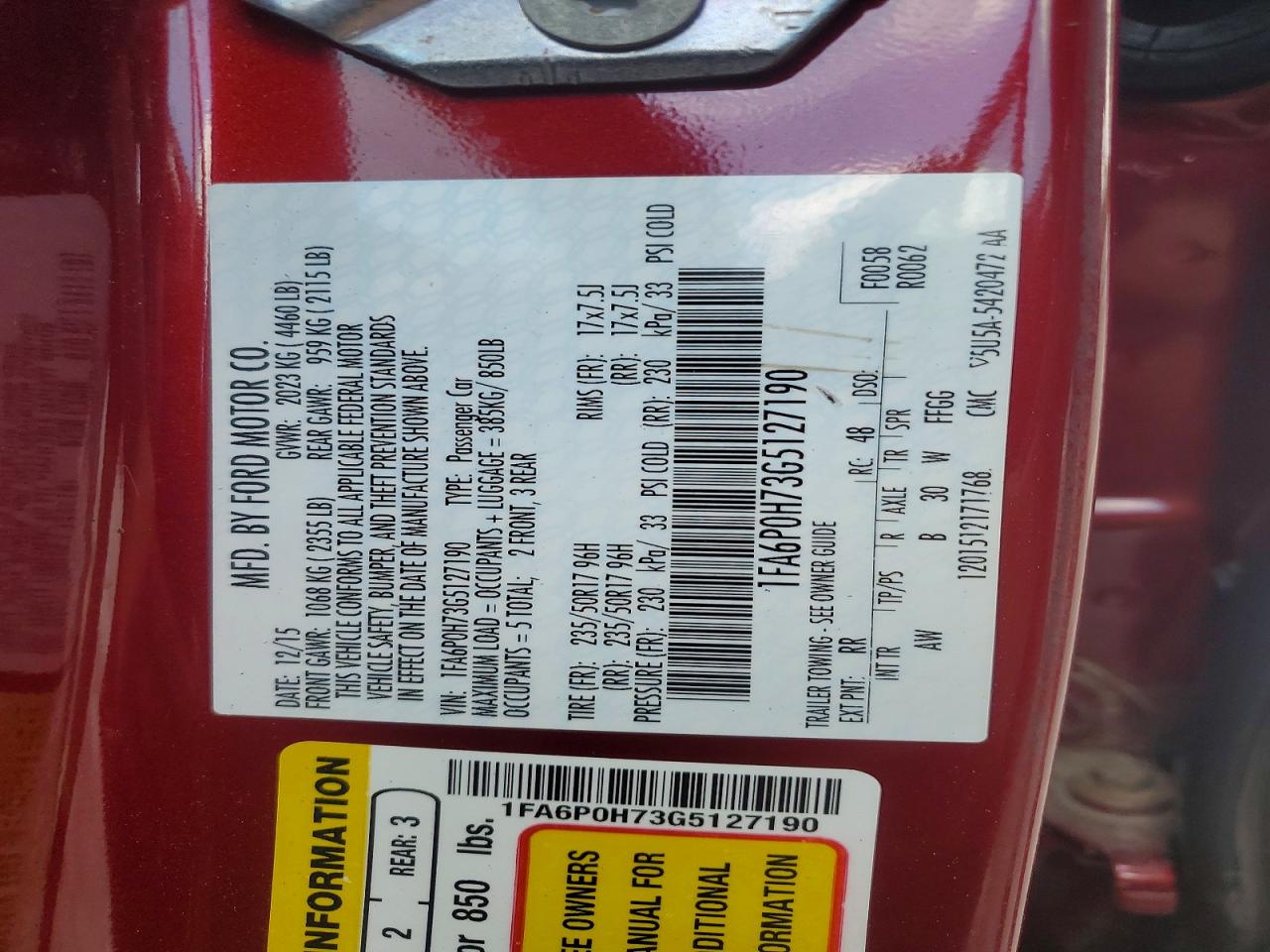 1FA6P0H73G5127190 · 2016 FORD FUSION · 12/12