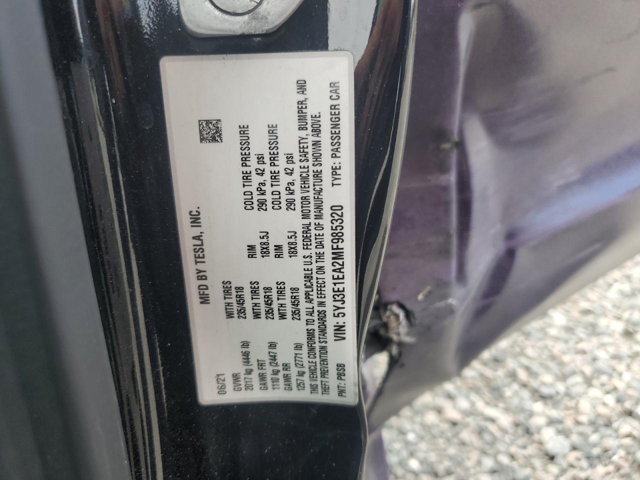 5YJ3E1EA2MF985320 · 2021 TESLA MODEL 3 · 12/12