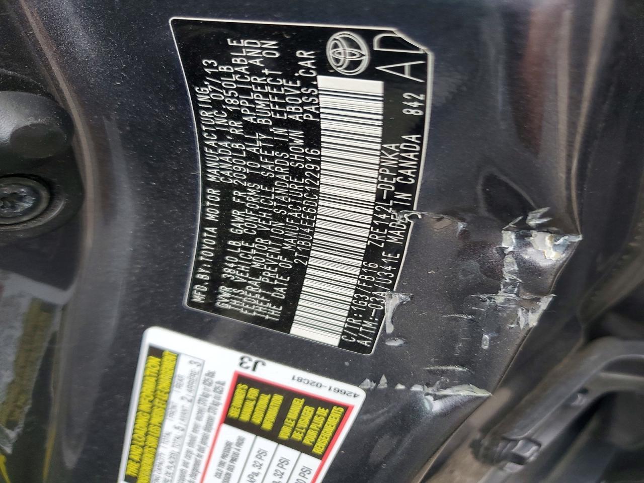 2T1BU4EE6DC122916 · 2013 TOYOTA COROLLA · 12/12