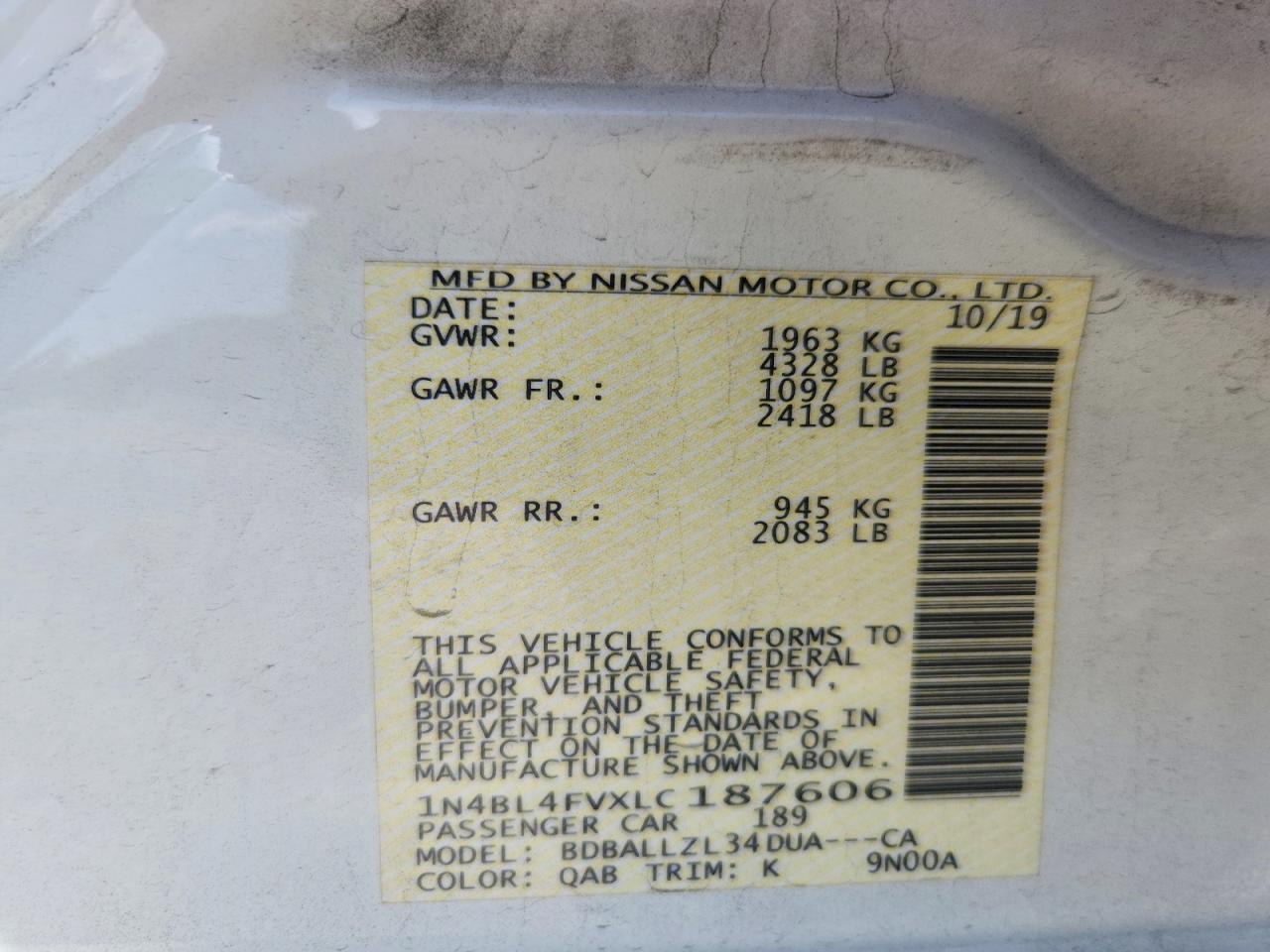 1N4BL4FVXLC187606 · 2020 NISSAN ALTIMA · 12/12