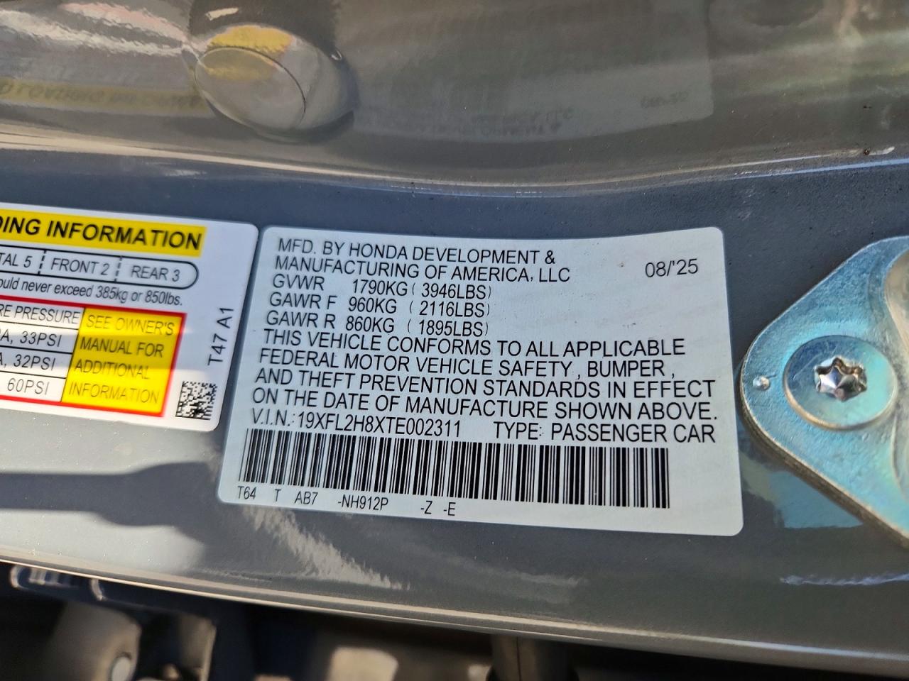 19XFL2H8XTE002311 · 2026 HONDA CIVIC · 12/12