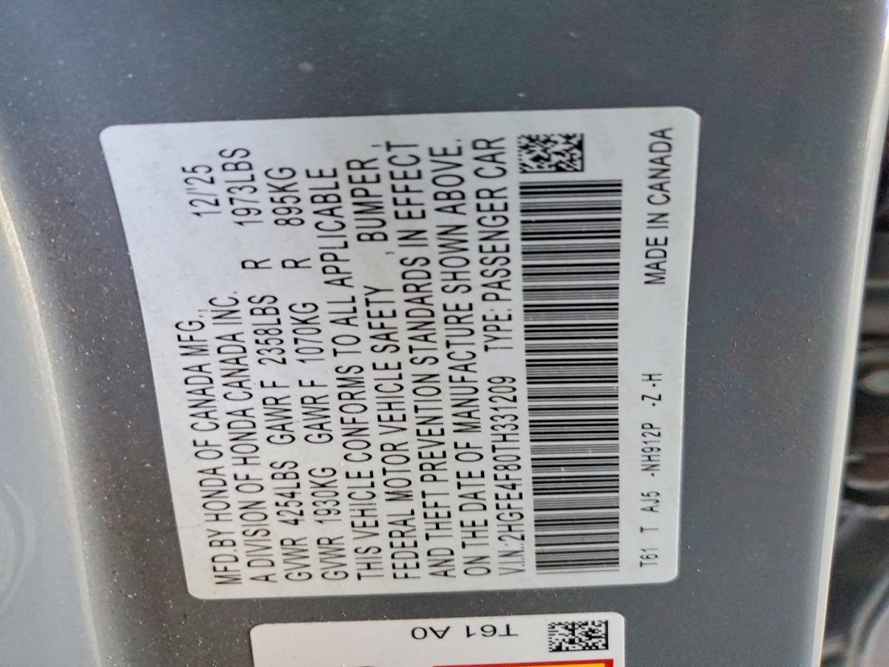 2HGFE4F80TH331209 · 2026 HONDA CIVIC · 12/12