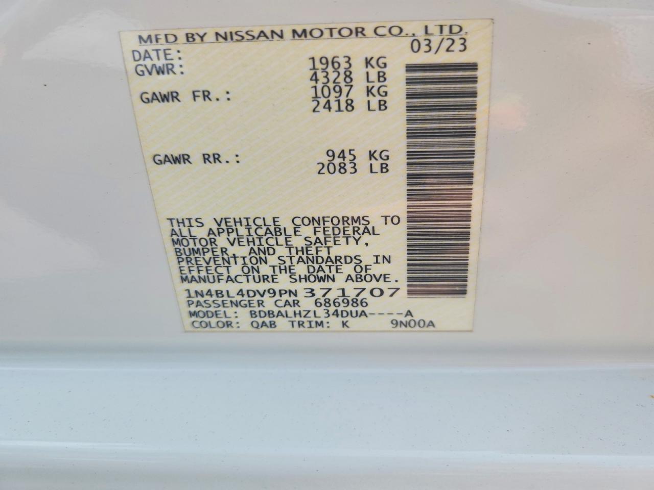 1N4BL4DV9PN371707 · 2023 NISSAN ALTIMA · 12/12