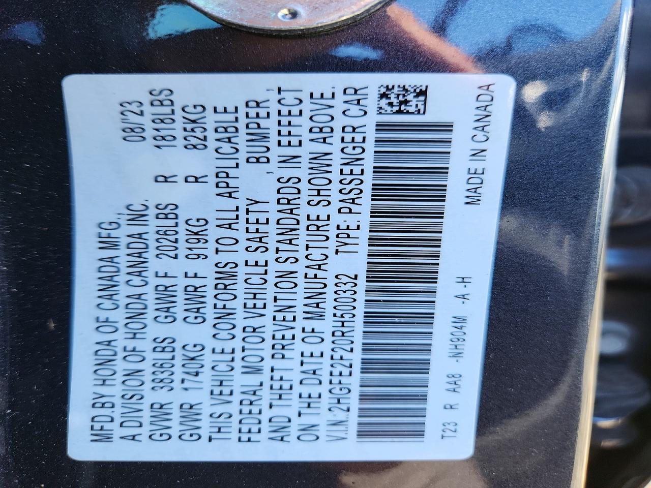 2HGFE2F20RH500332 · 2024 HONDA CIVIC · 12/12