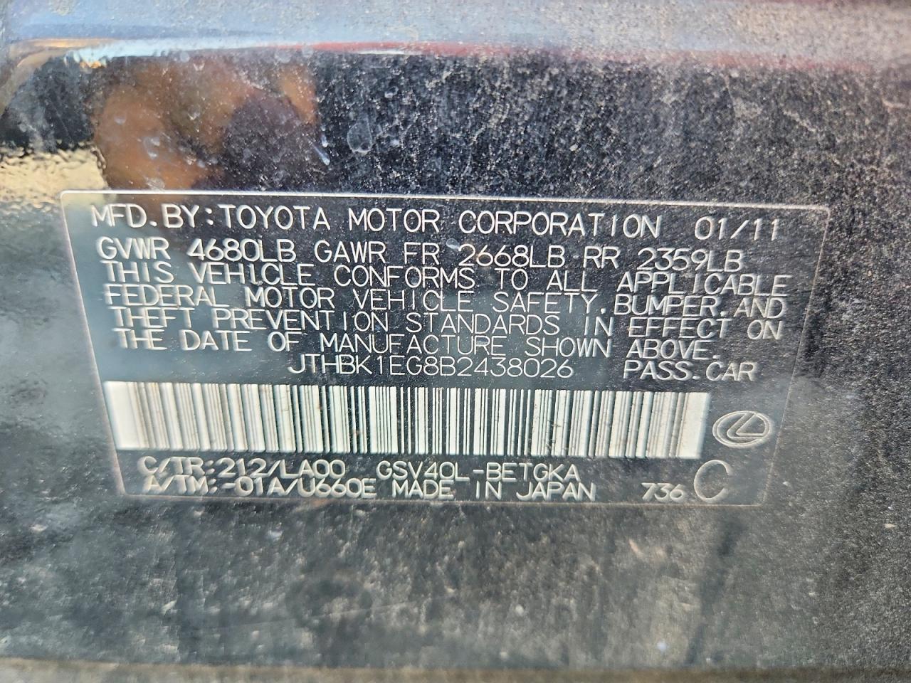 JTHBK1EG8B2438026 · 2011 LEXUS ES · 12/12