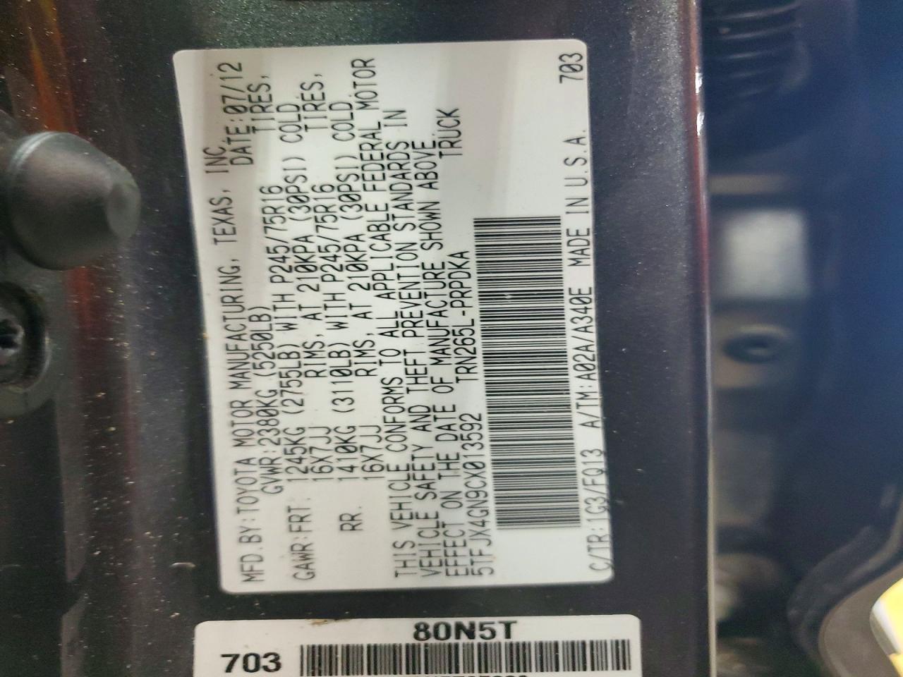 5TFJX4GN9CX013592 · 2012 TOYOTA TACOMA · 12/12