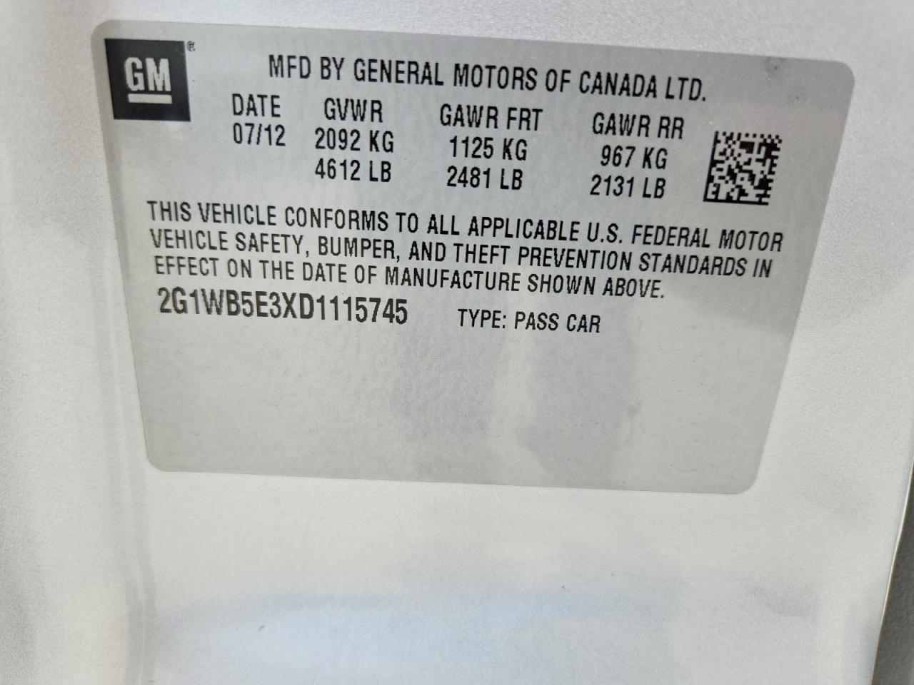 2G1WB5E3XD1115745 · 2013 CHEVROLET IMPALA · 12/12