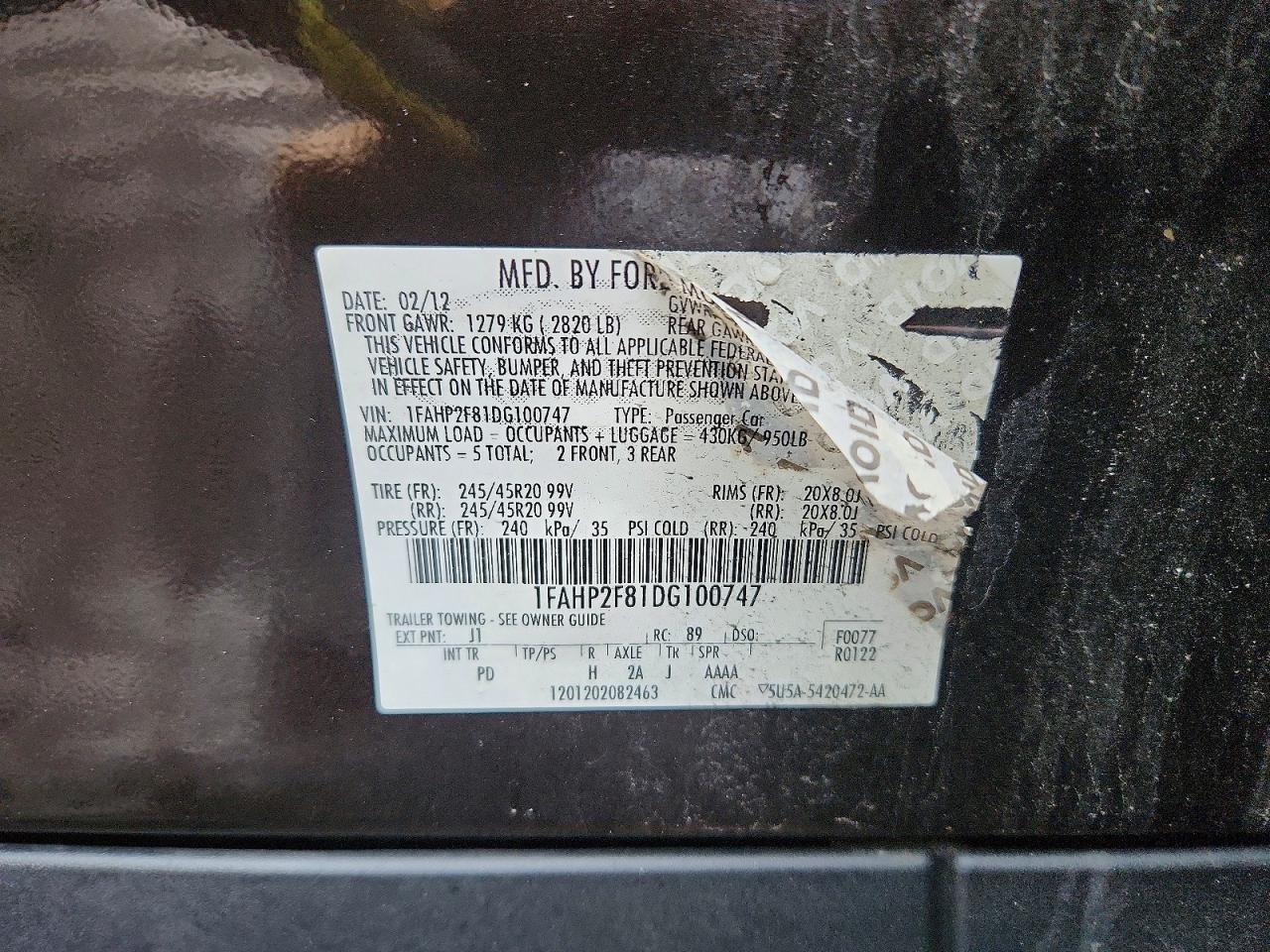 1FAHP2F81DG100747 · 2013 FORD TAURUS · 12/12