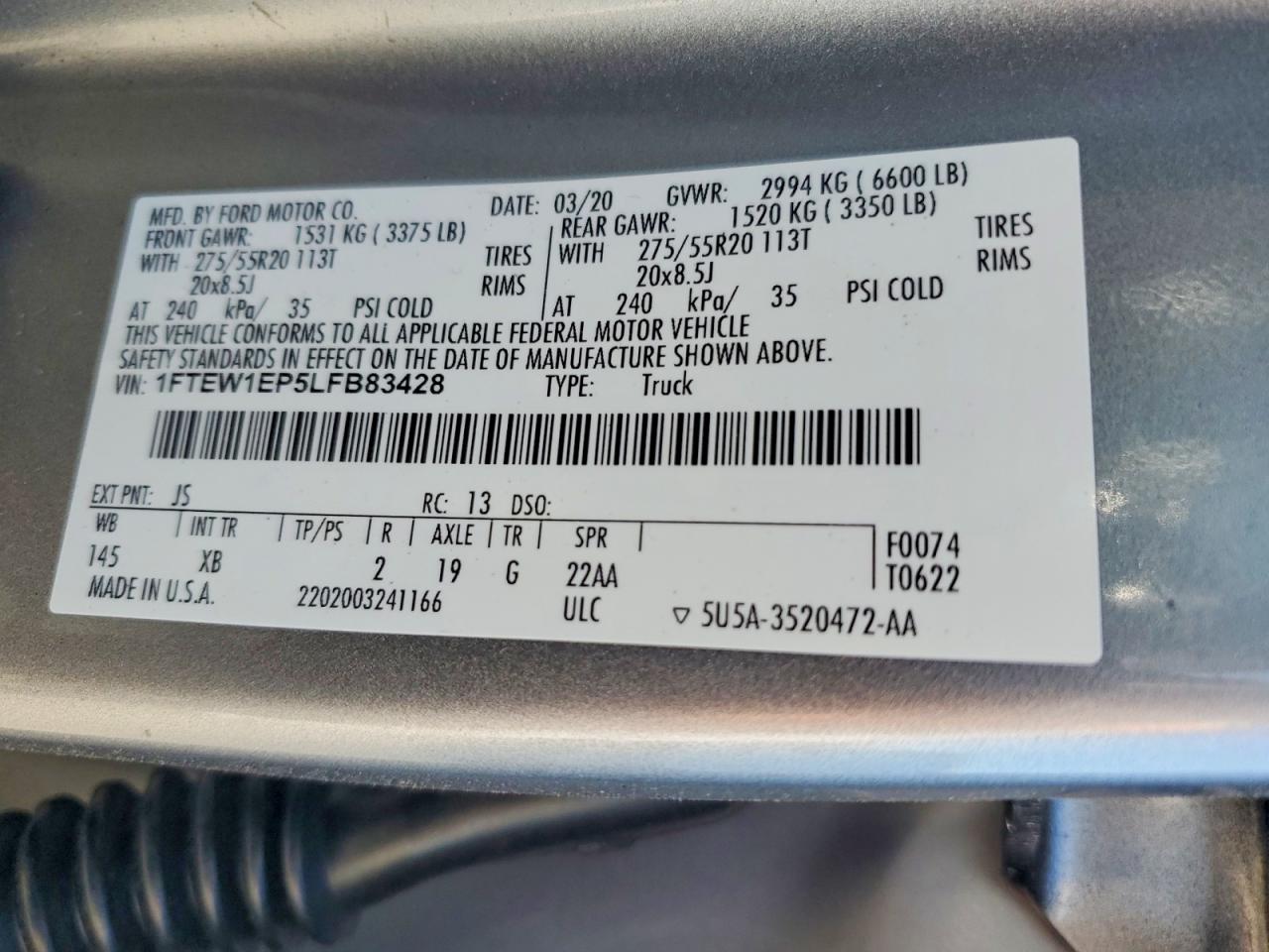 1FTEW1EP5LFB83428 · 2020 FORD F150 · 12/12